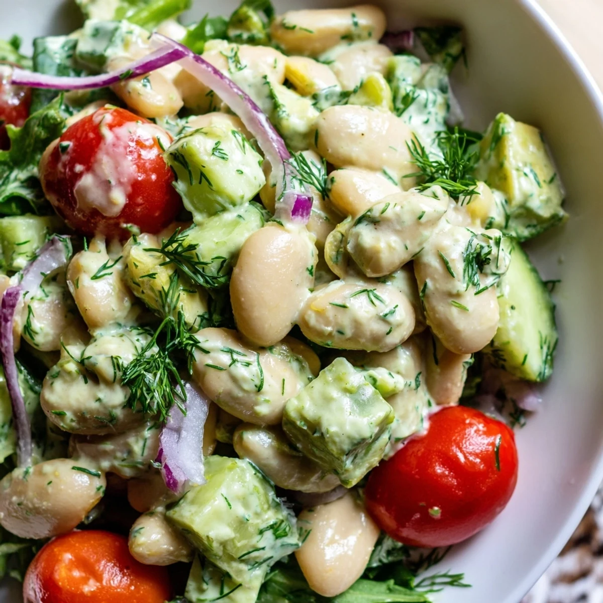Creamy avocado dill white bean salad bowl garnished with fresh herbs and tomatoes