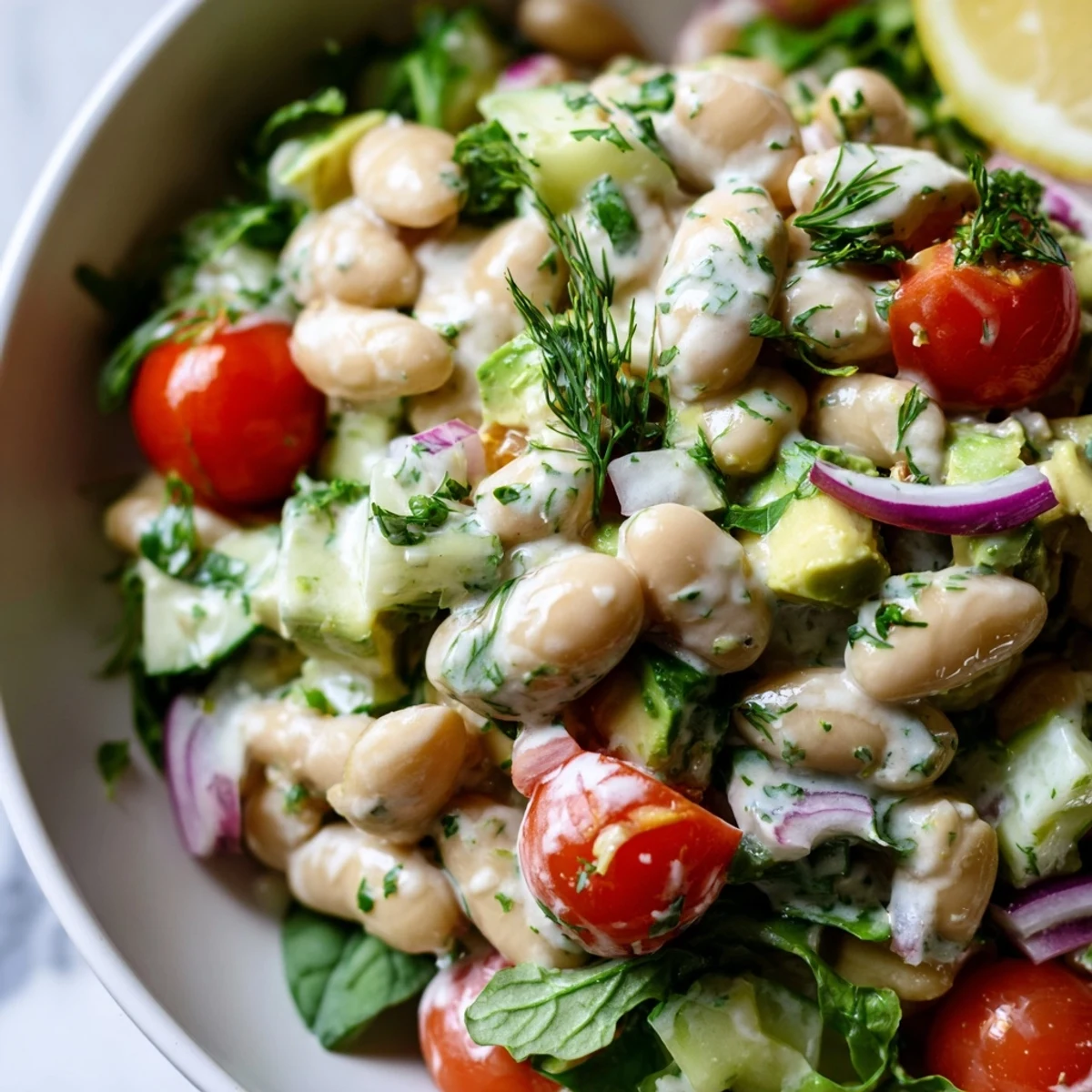 Vibrant white bean salad with creamy avocado dill dressing served in a rustic bowl