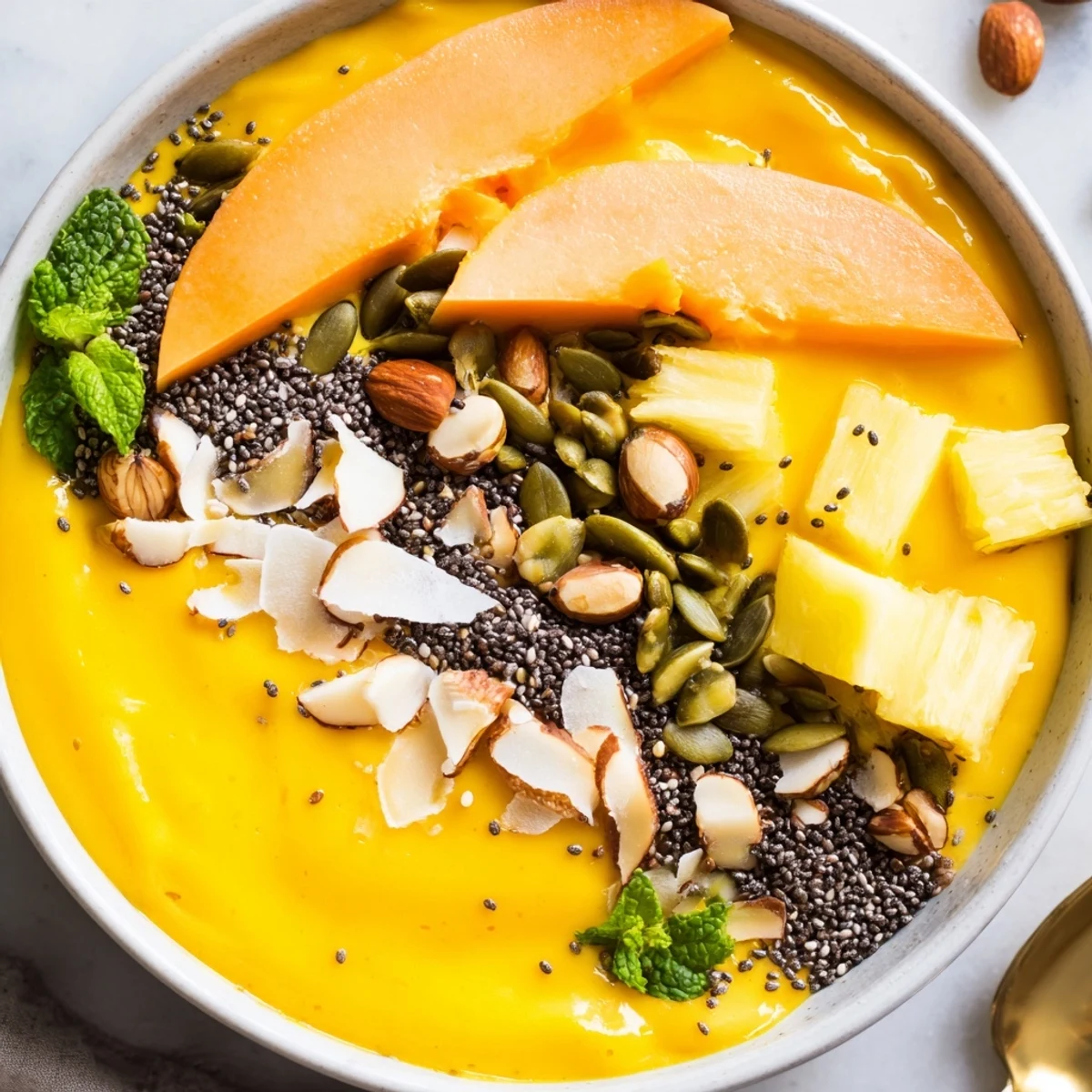 Bright papaya pineapple coconut smoothie bowl crowned with crunchy chia seeds and fresh fruit
