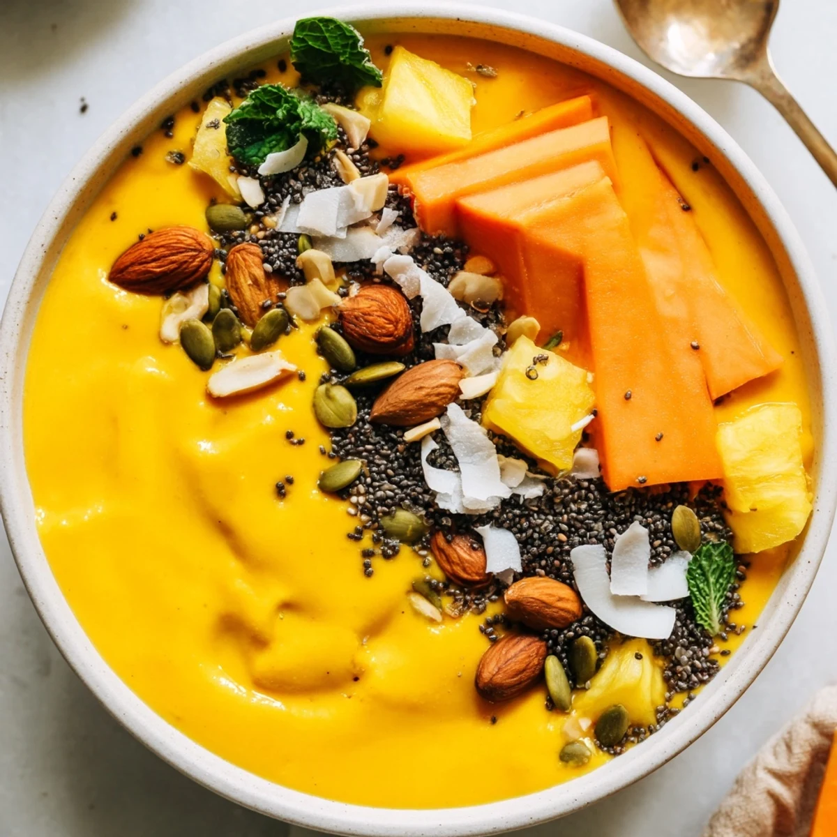 Golden papaya pineapple coconut smoothie bowl in two white bowls topped with toasted pumpkin seeds and mint