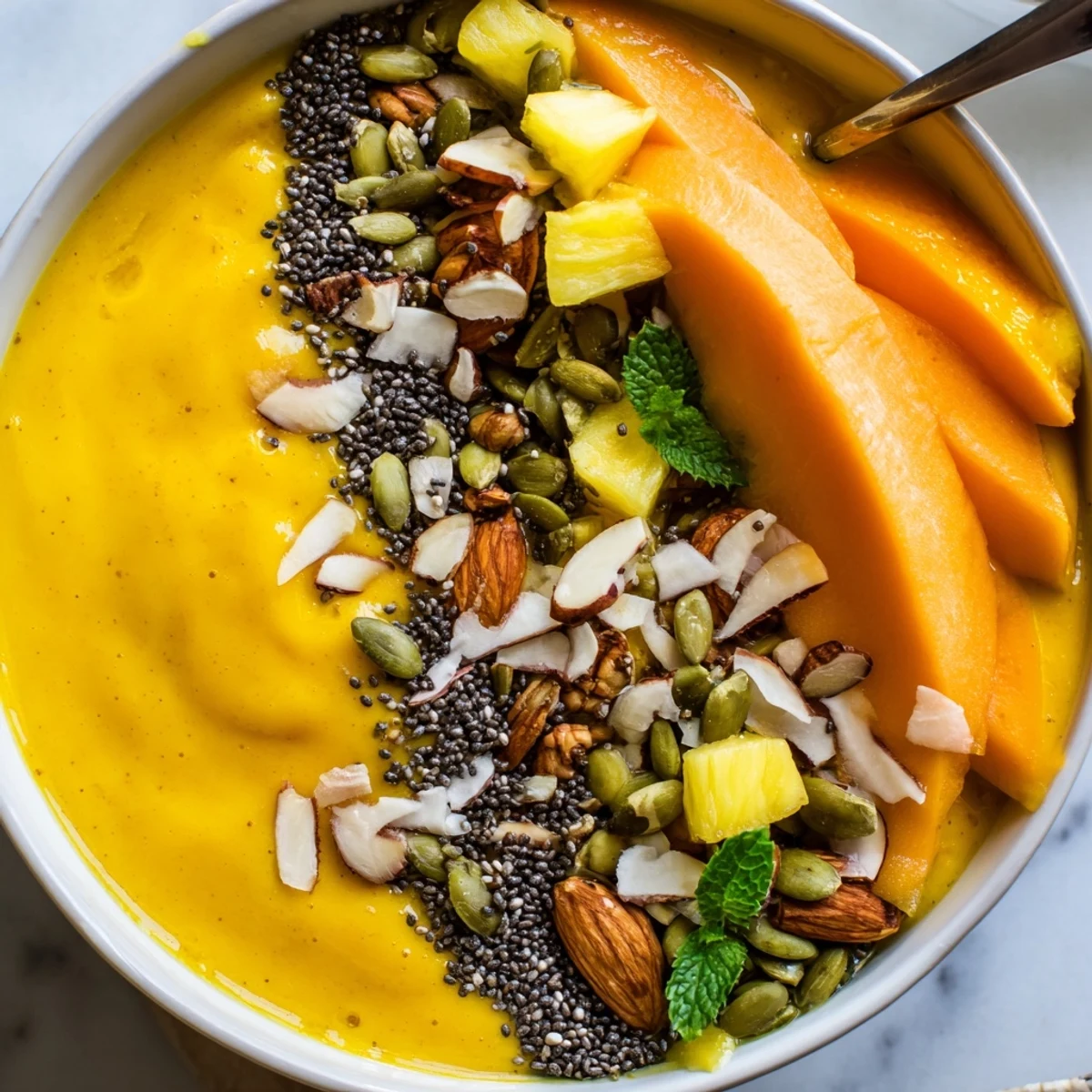 Creamy tropical papaya pineapple coconut smoothie bowl drizzled with maple-glazed chia nut topping