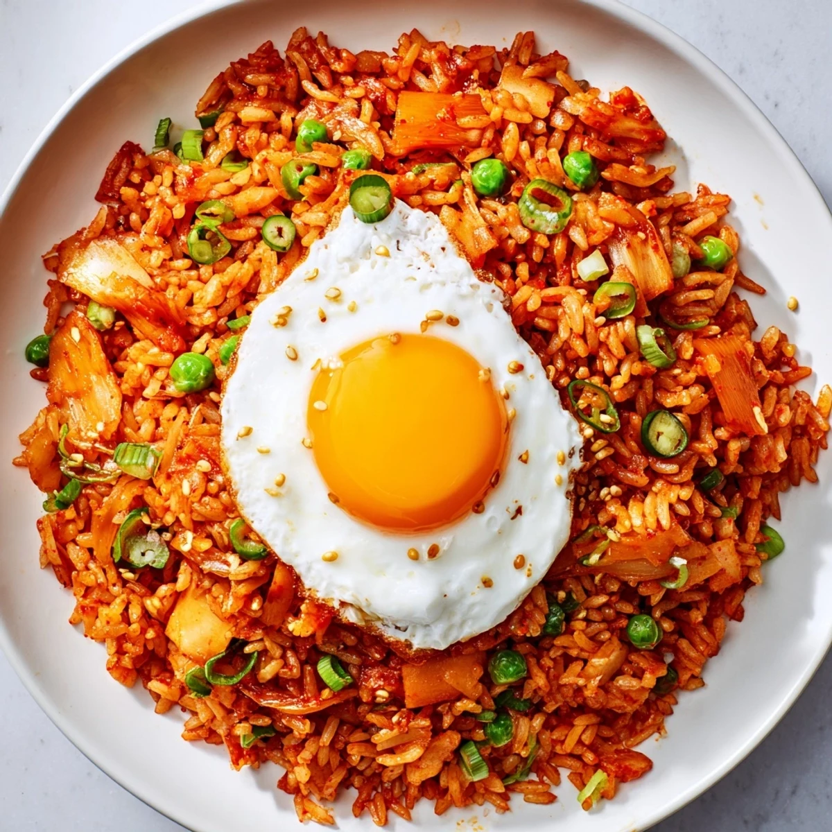 Vibrant orange-red Kimchi Garlic Chili Fried Rice studded with tender vegetables and garnished with crunchy golden scallion bits