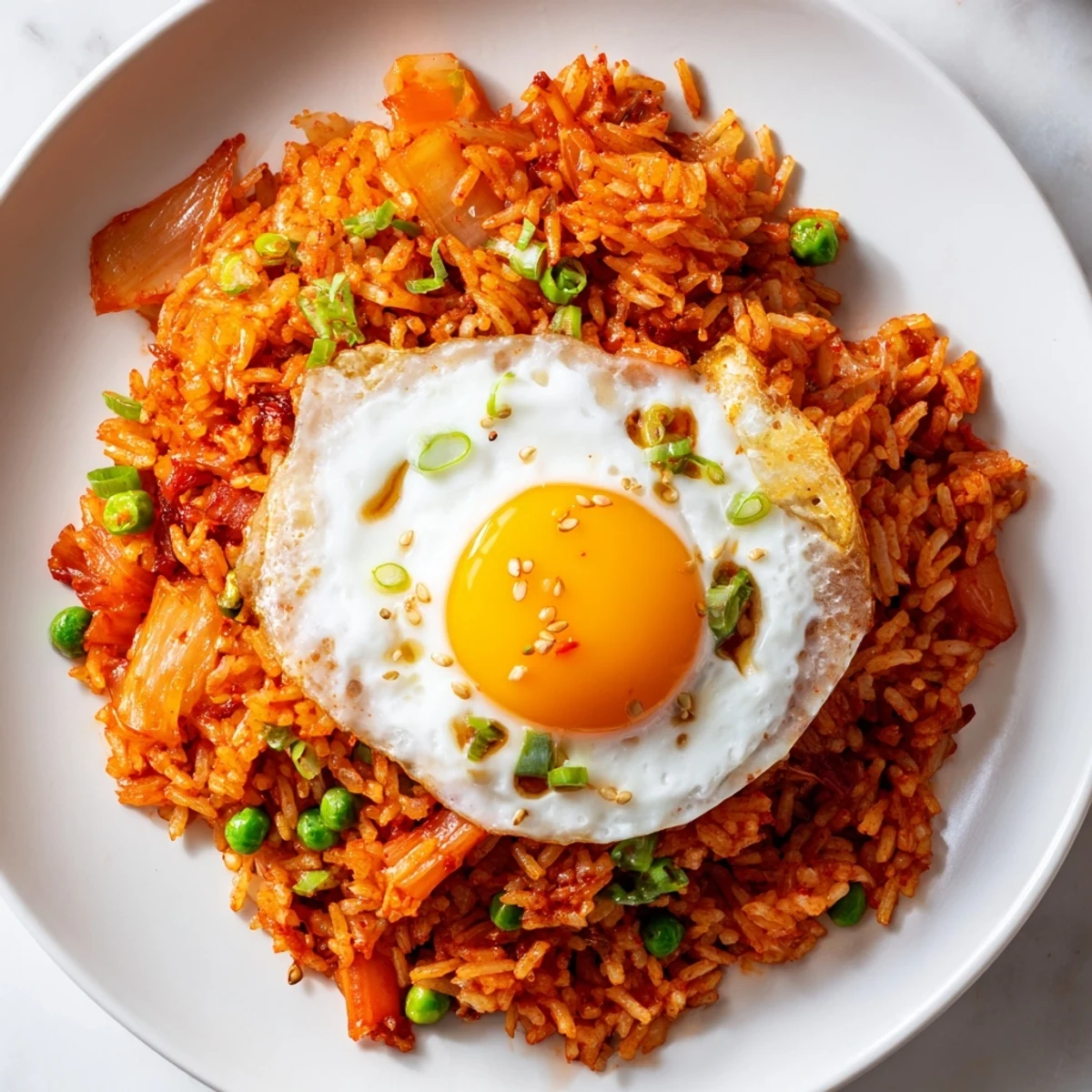 Kimchi Garlic Chili Fried Rice with Crispy Scallions served steaming in a dark bowl topped with a golden fried egg