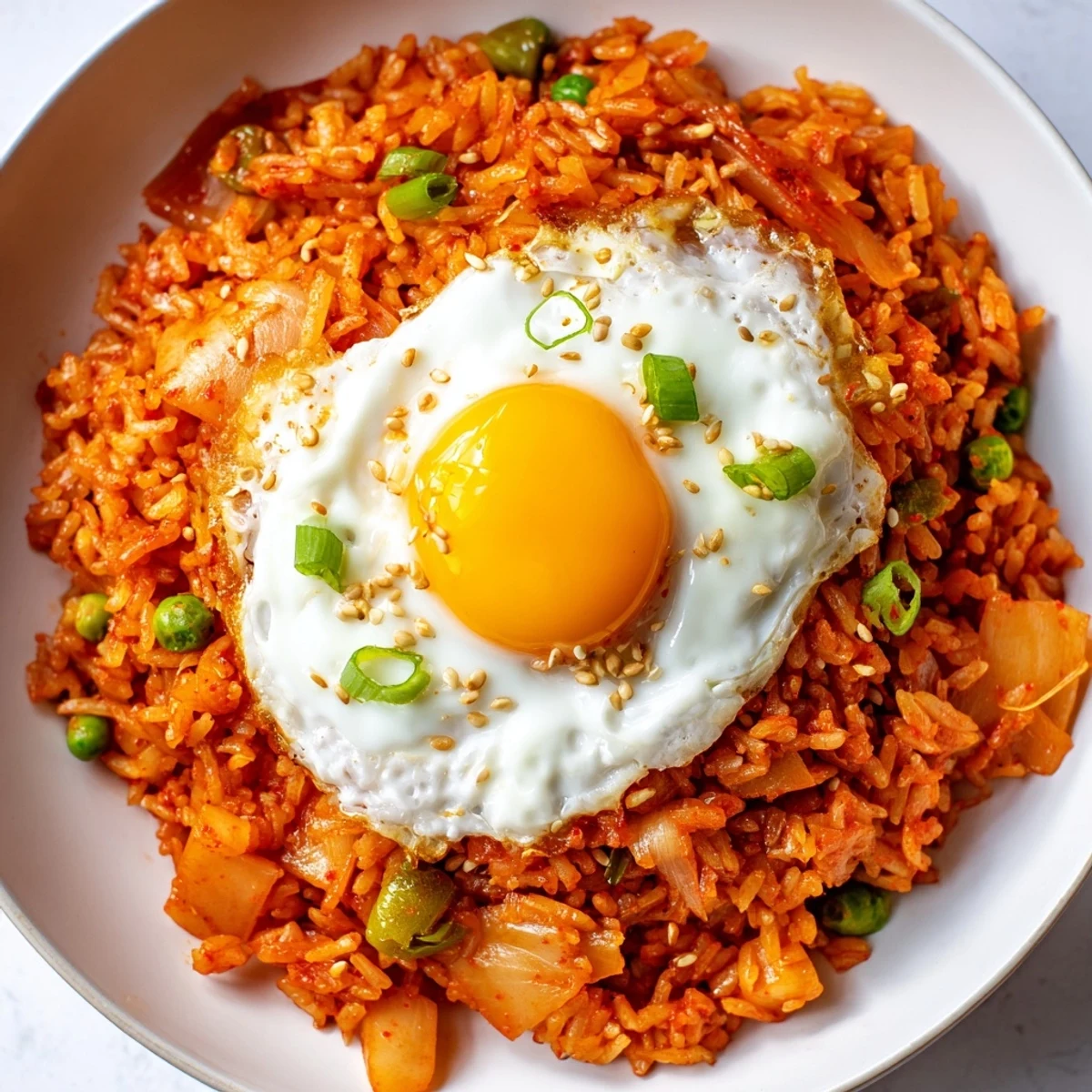 Skillet of Kimchi Garlic Chili Fried Rice glistening with sesame oil and scattered crispy scallions on a rustic wooden table