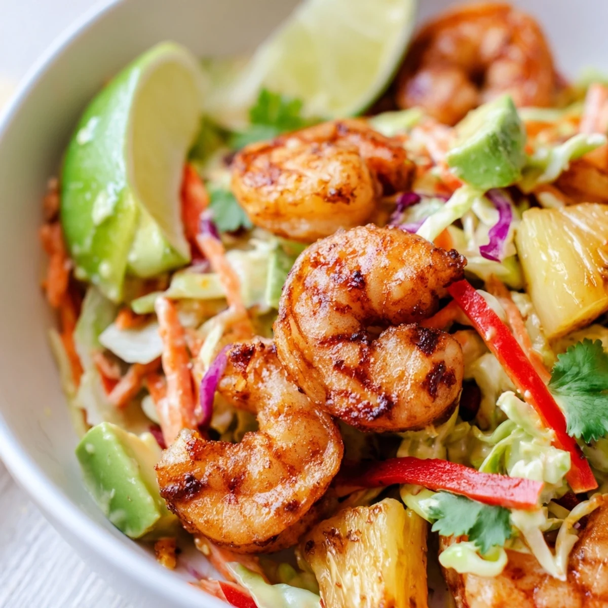 Sizzling spicy pineapple shrimp with golden caramelized edges resting on vibrant avocado slaw