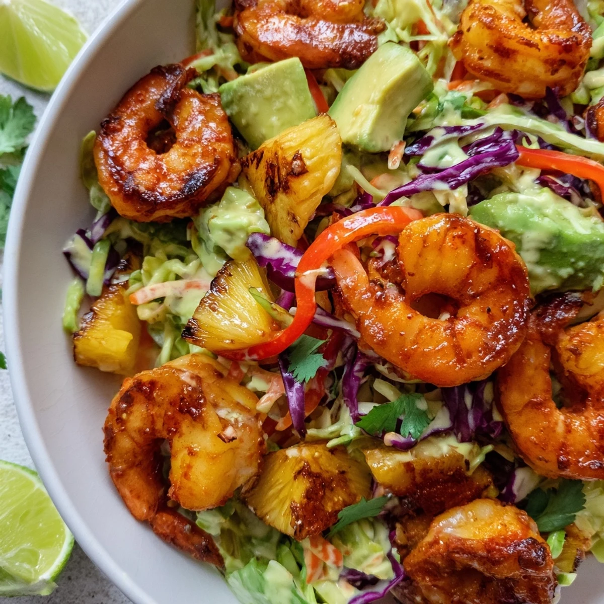 Golden chili-spiced shrimp and sweet pineapple chunks piled high over creamy lime slaw