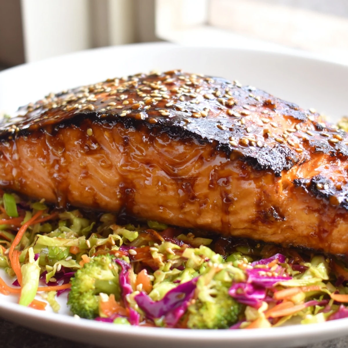 Caramelized miso maple salmon fillet glistening with sweet glaze on a baking sheet