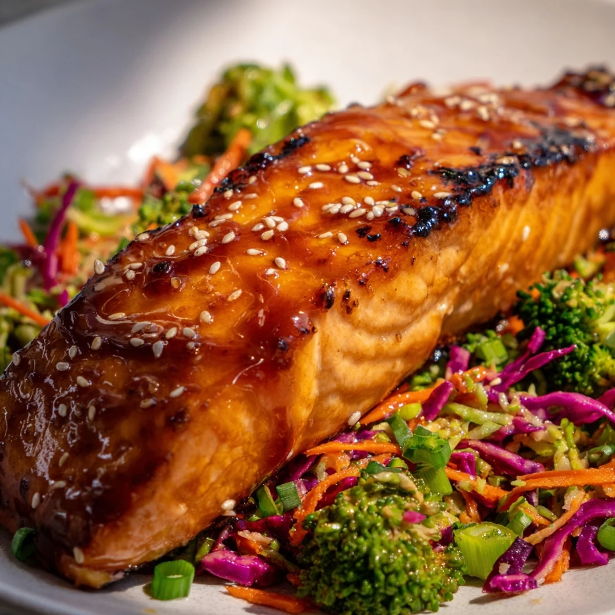 Tender miso maple salmon served over vibrant crunchy sesame broccoli slaw