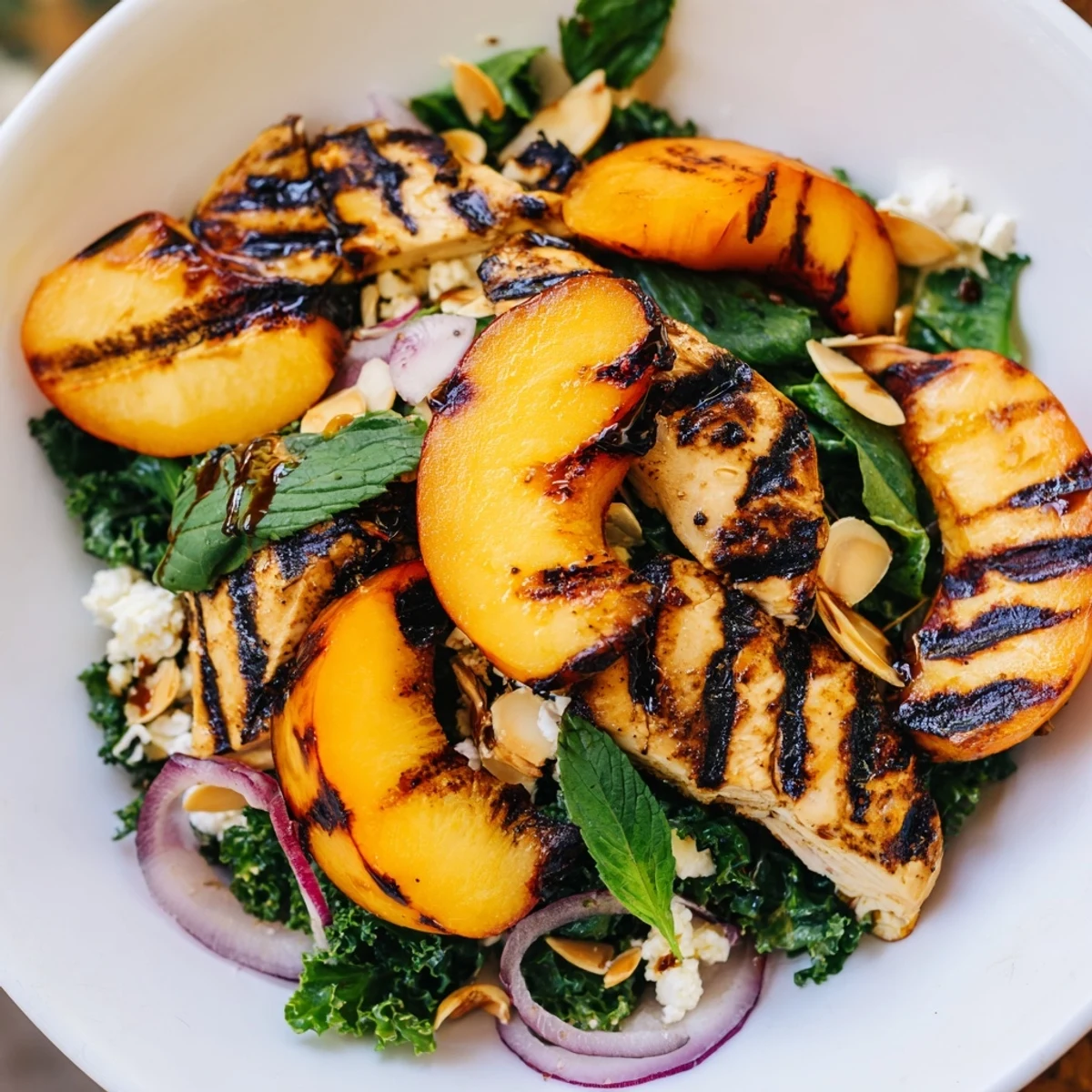 Grilled Peach and Kale Chicken Salad topped with crumbled feta and toasted almonds