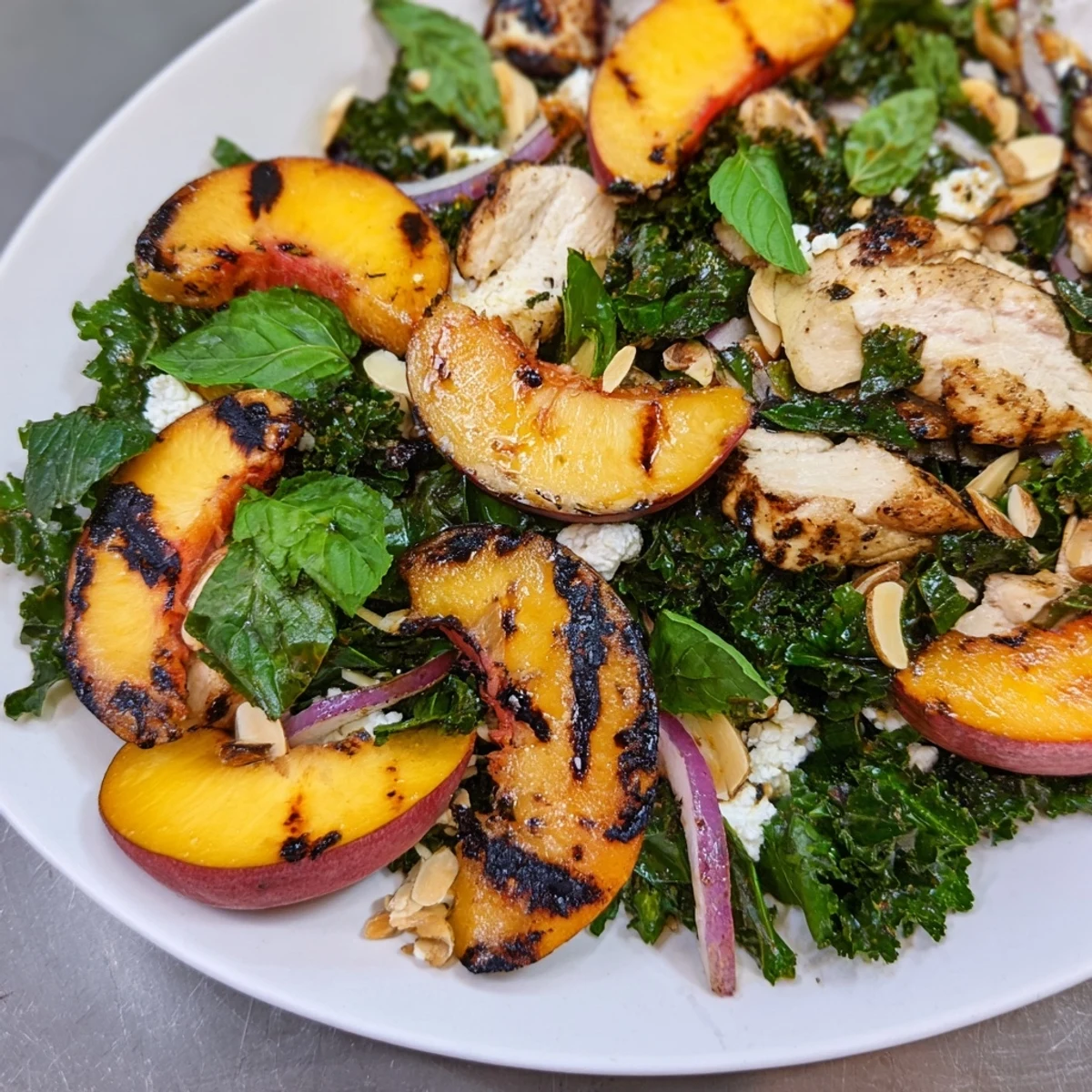 Juicy grilled peaches and sliced chicken nestled on a bed of massaged kale in this vibrant Grilled Peach and Kale Chicken Salad