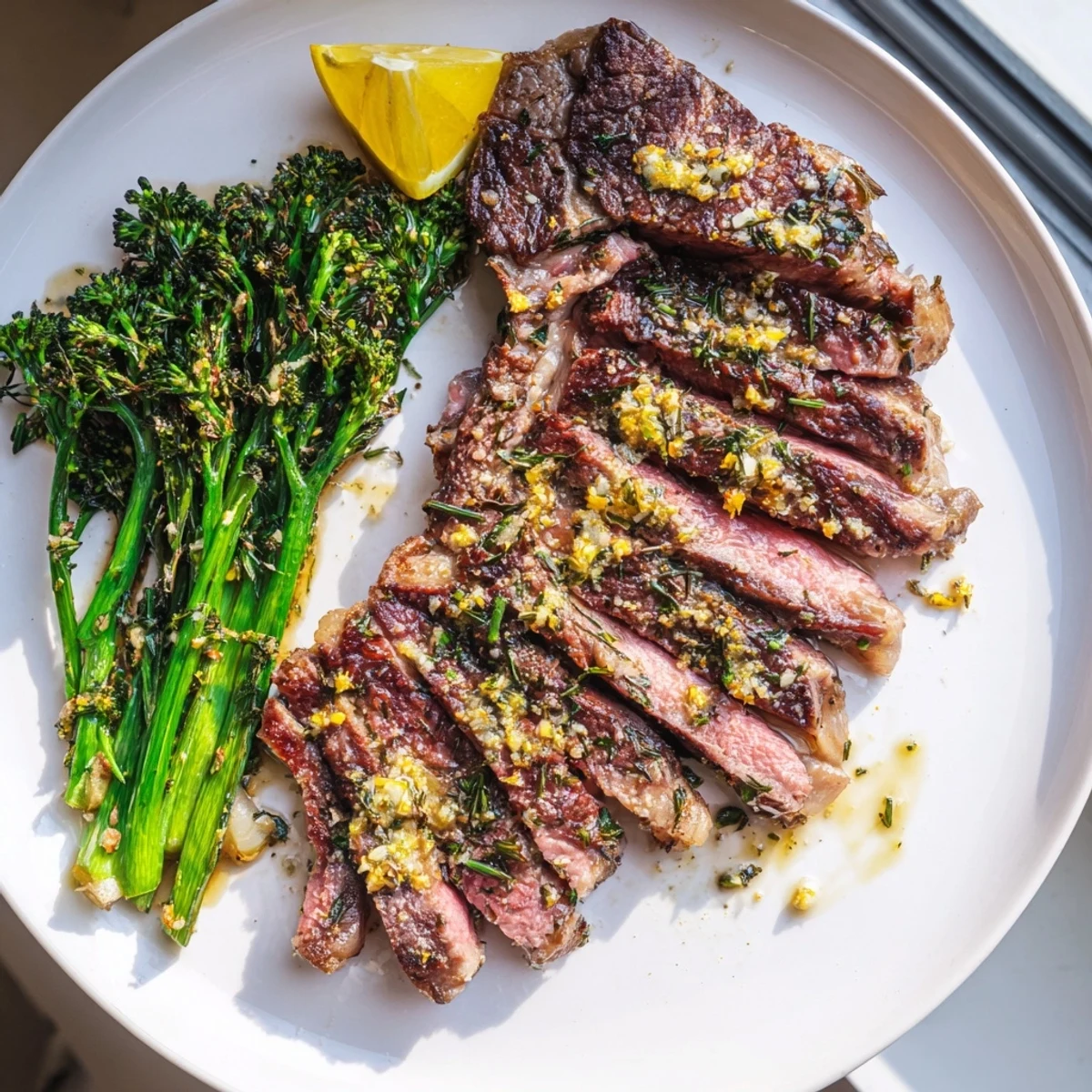 Perfectly seared garlic herb steak with roasted broccolini and bright lemon wedges on a rustic plate