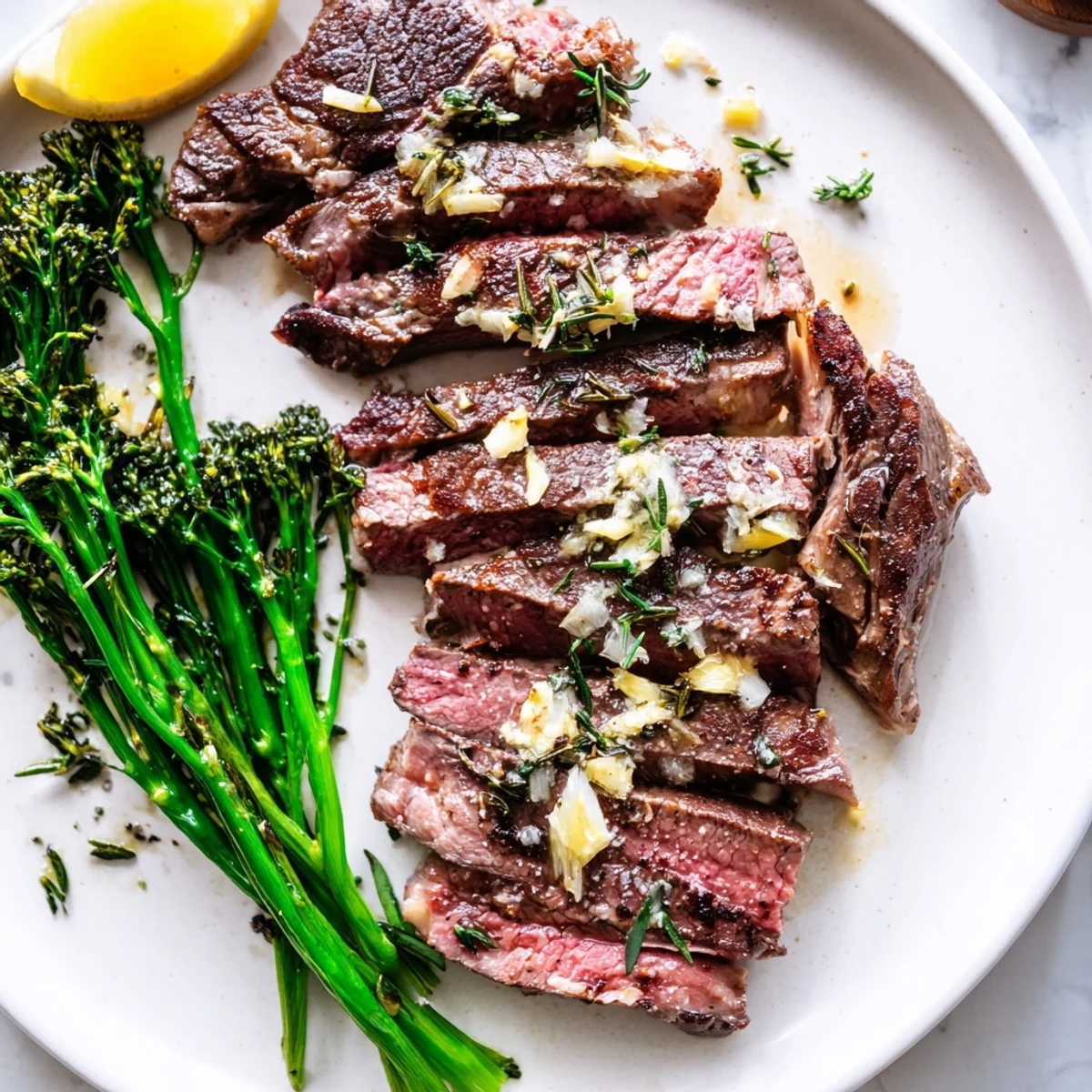 Juicy garlic herb steak alongside charred broccolini, finished with a zesty lemon squeeze for a satisfying dinner