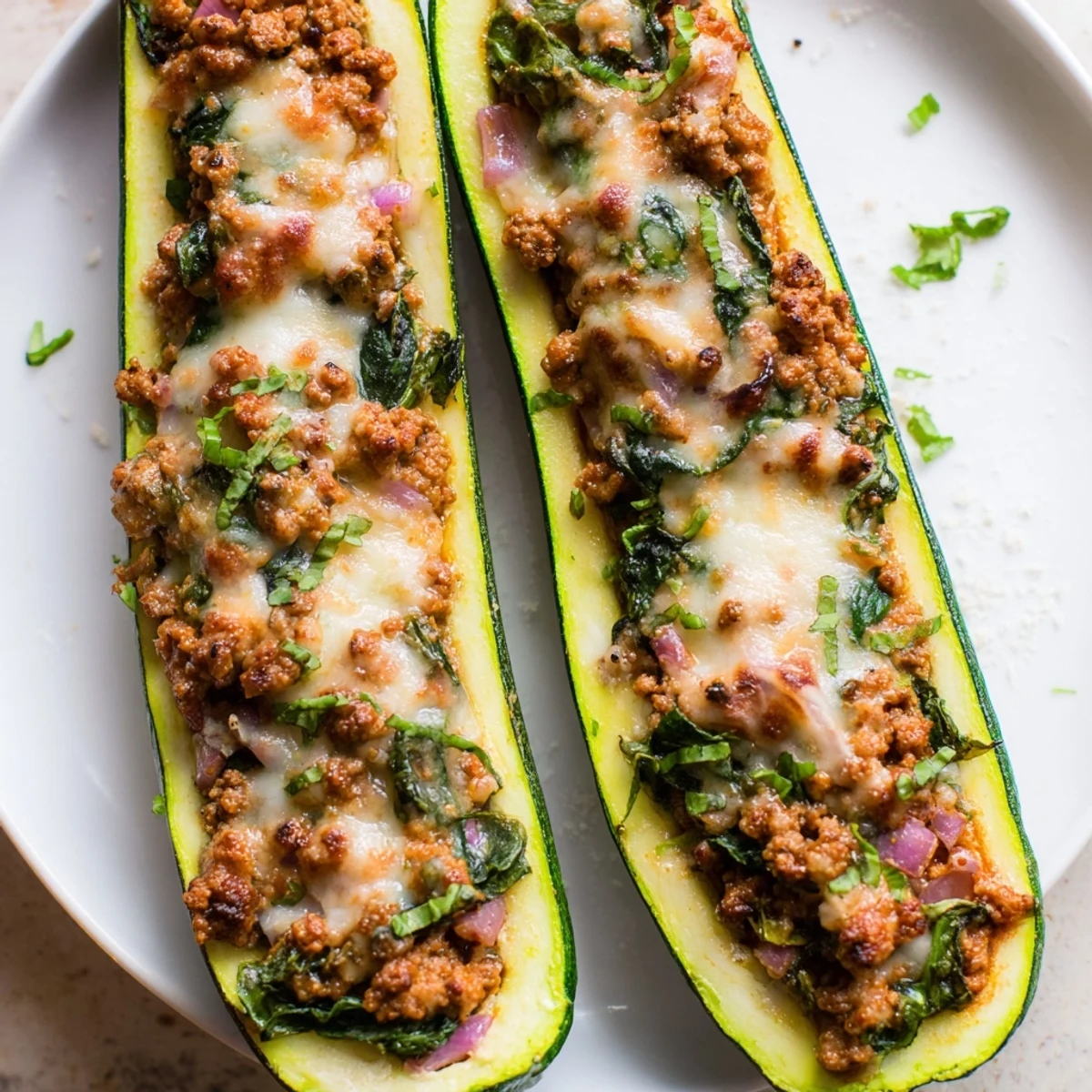 Golden baked Pesto Turkey and Spinach Zucchini Boats topped with bubbling mozzarella and fresh herbs