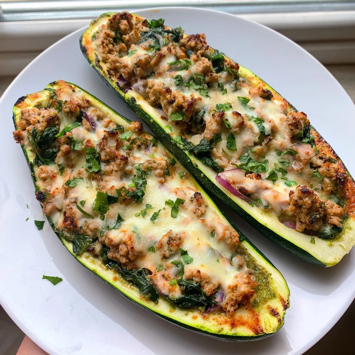 Tender Pesto Turkey and Spinach Zucchini Boats served hot with melted cheese and garnished with basil