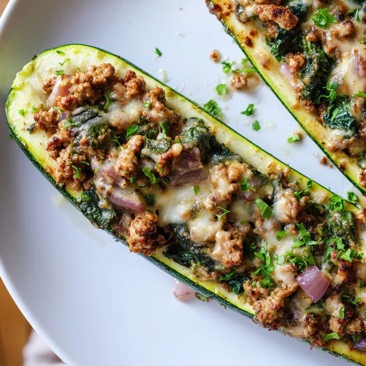 Cheesy Pesto Turkey and Spinach Zucchini Boats fresh from the oven on a rustic parchment-lined baking sheet