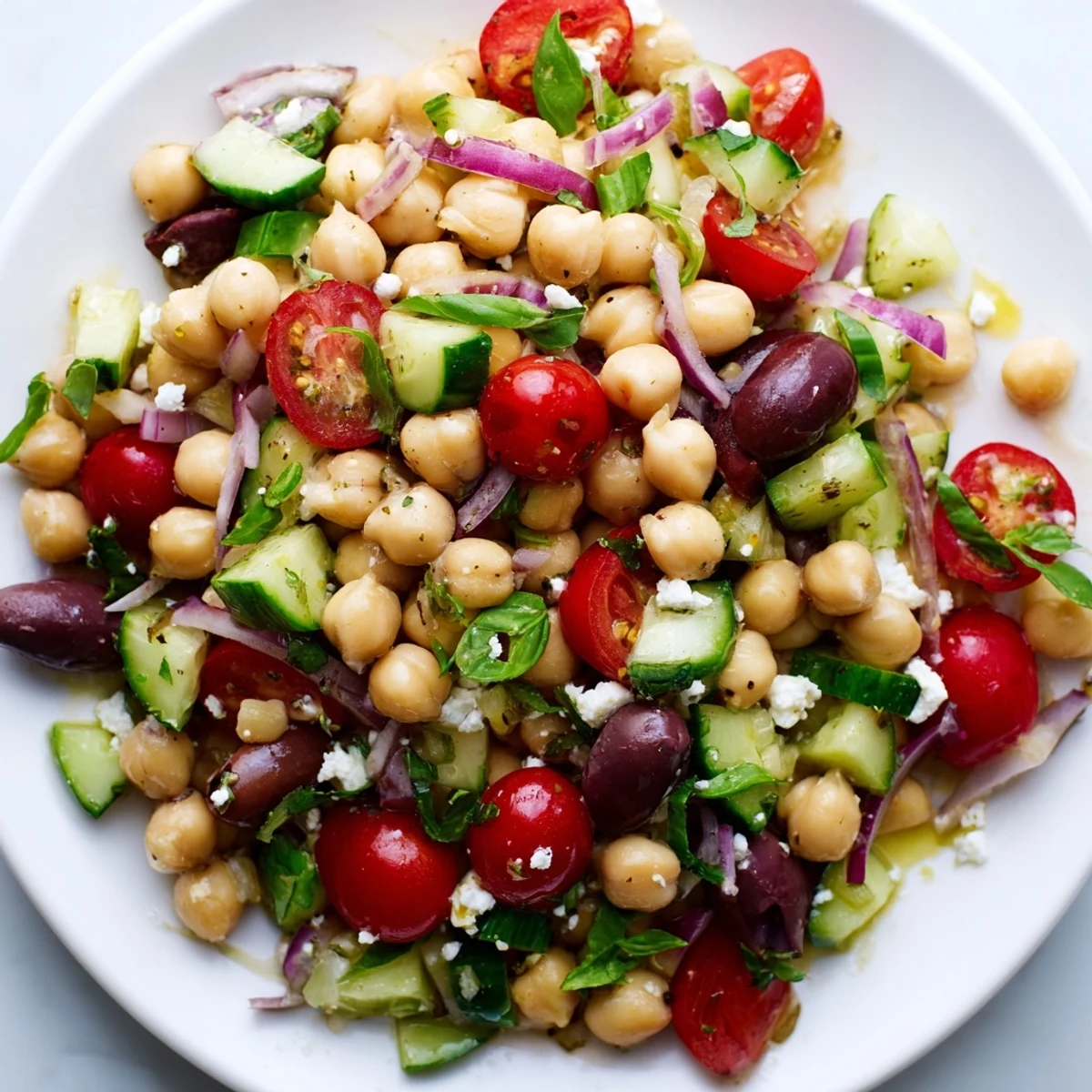 Colorful Mediterranean Chickpea Salad with ripe tomatoes, cucumber, and fresh basil leaves