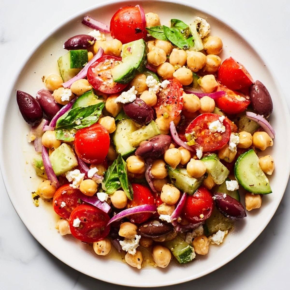 Mediterranean Chickpea Salad tossed in shiny lemon olive oil vinaigrette in a bowl