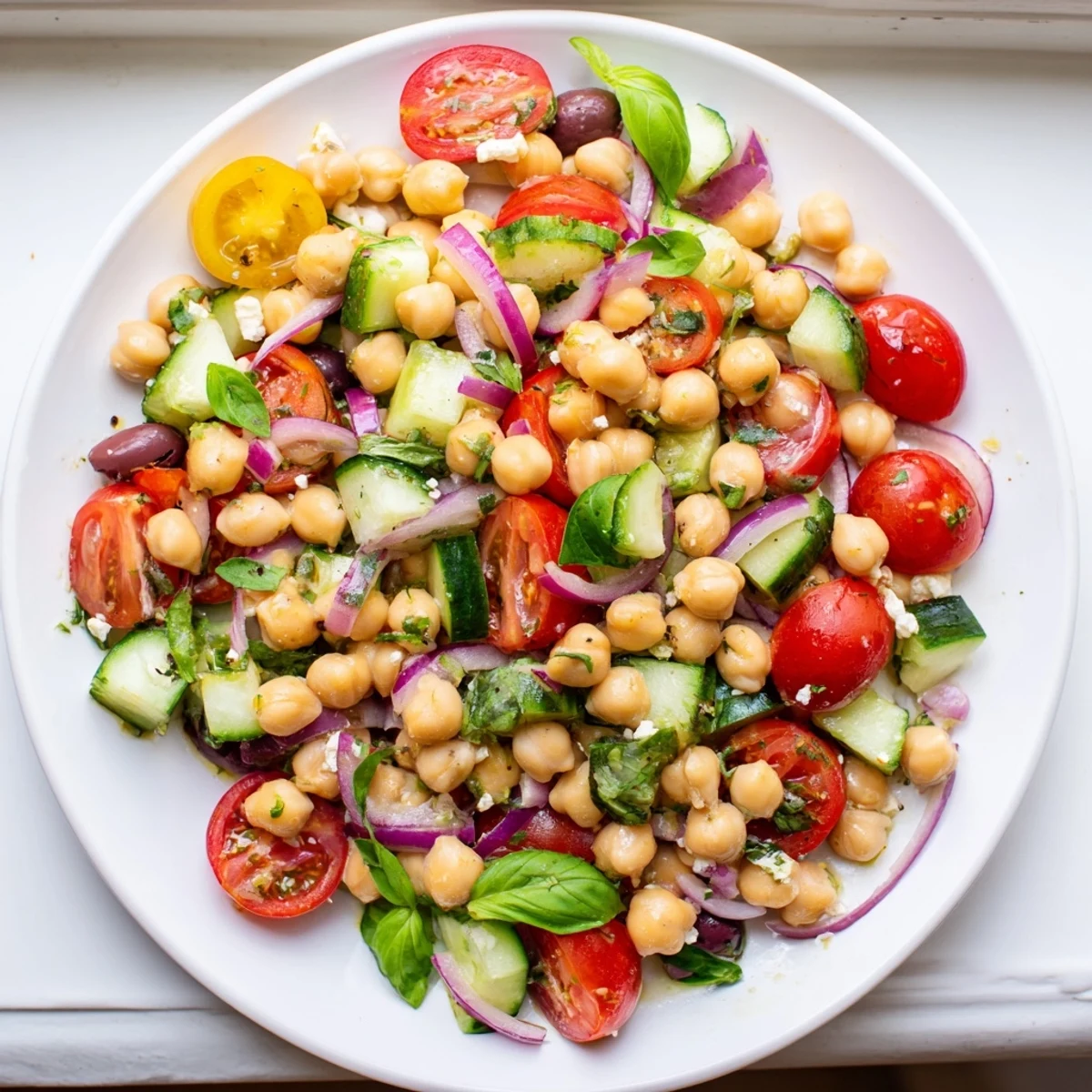 Creamy chickpeas and crisp cucumbers in Mediterranean Chickpea Salad served on a rustic plate