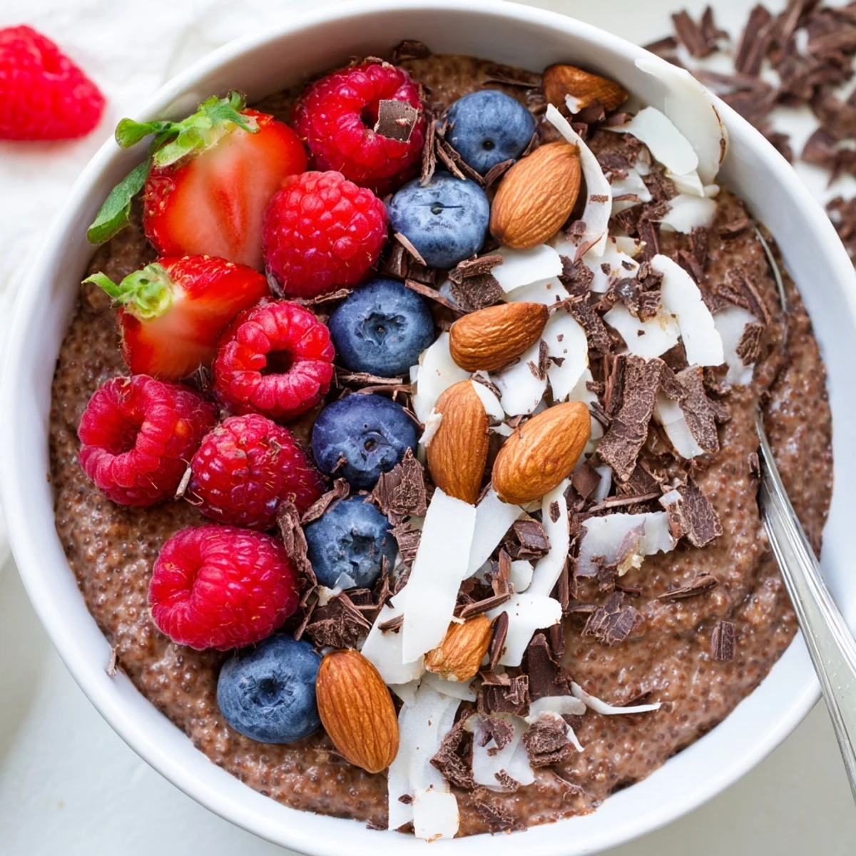 A delicious bowl of Chocolate Almond Coconut Berry Protein Chia Cream ready to eat.
