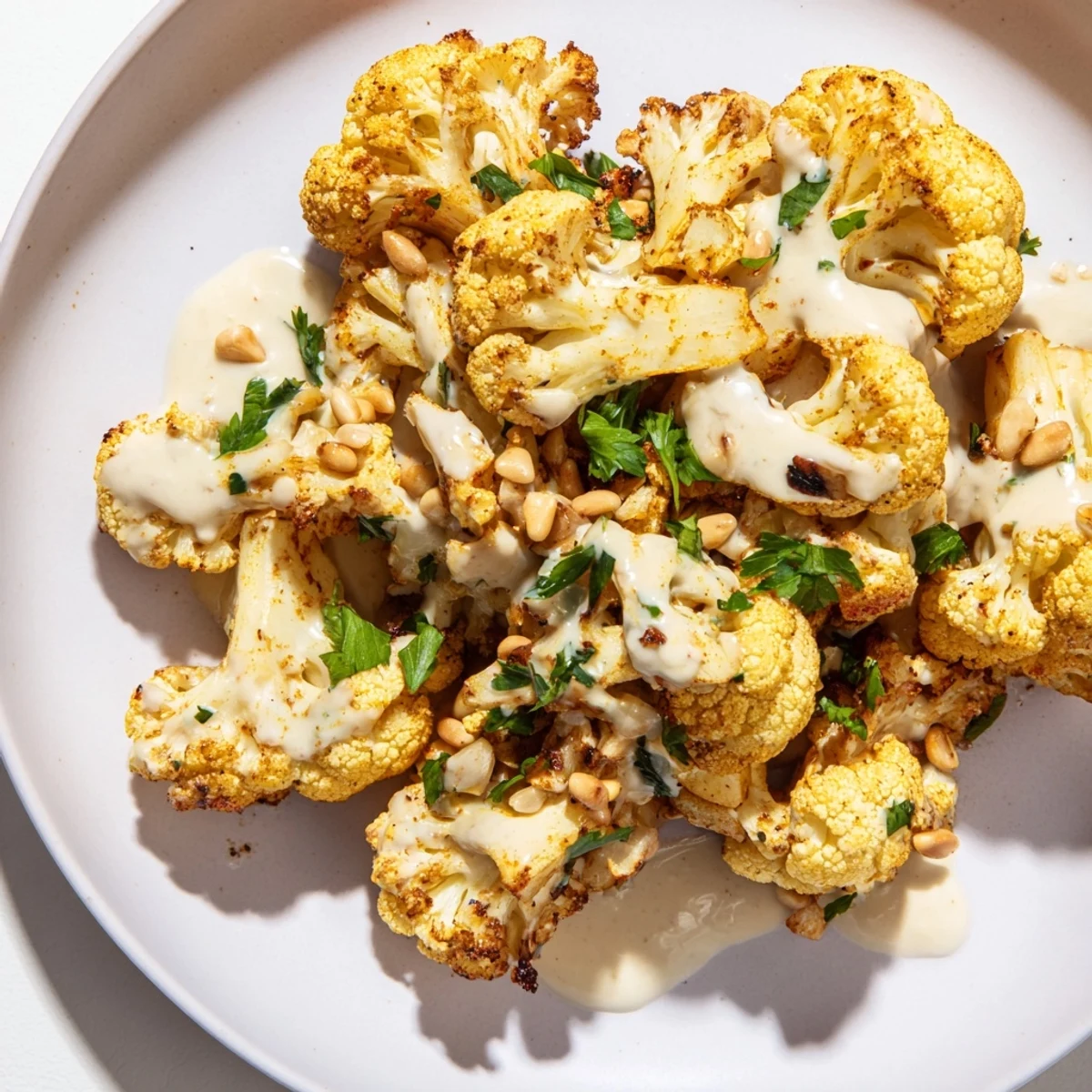 Caramelized roasted cauliflower with lemon herb tahini drizzle on a rustic white platter.