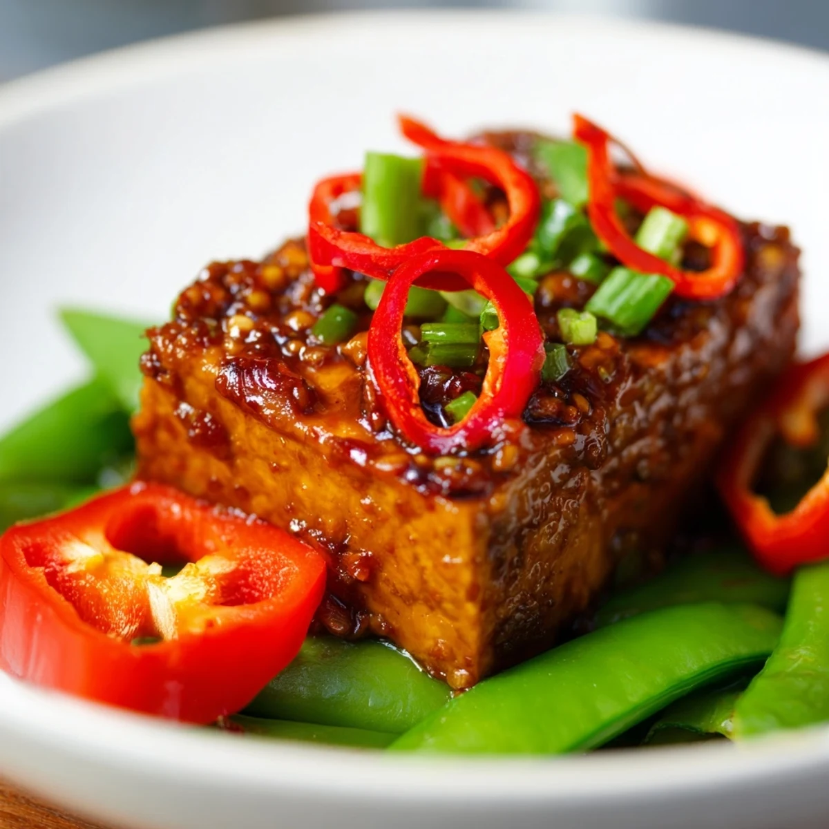 Golden Crispy Chili Garlic Tofu plated over vibrant sesame snap peas with scallion garnish.  