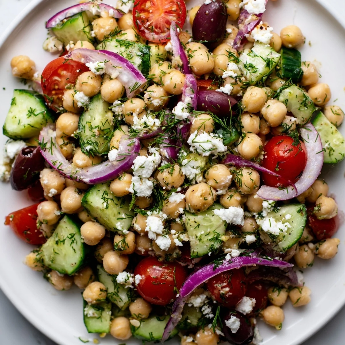 Mediterranean Chickpea and Cucumber Dill Salad featuring crisp vegetables and a zesty lemon dressing in a bowl.