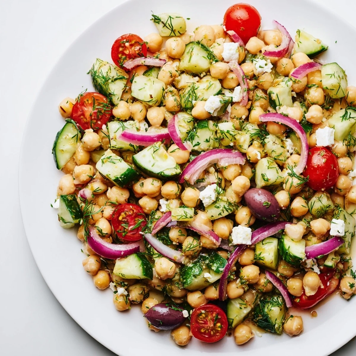 A healthy Mediterranean Chickpea and Cucumber Dill Salad served chilled for a refreshing summer lunch.
