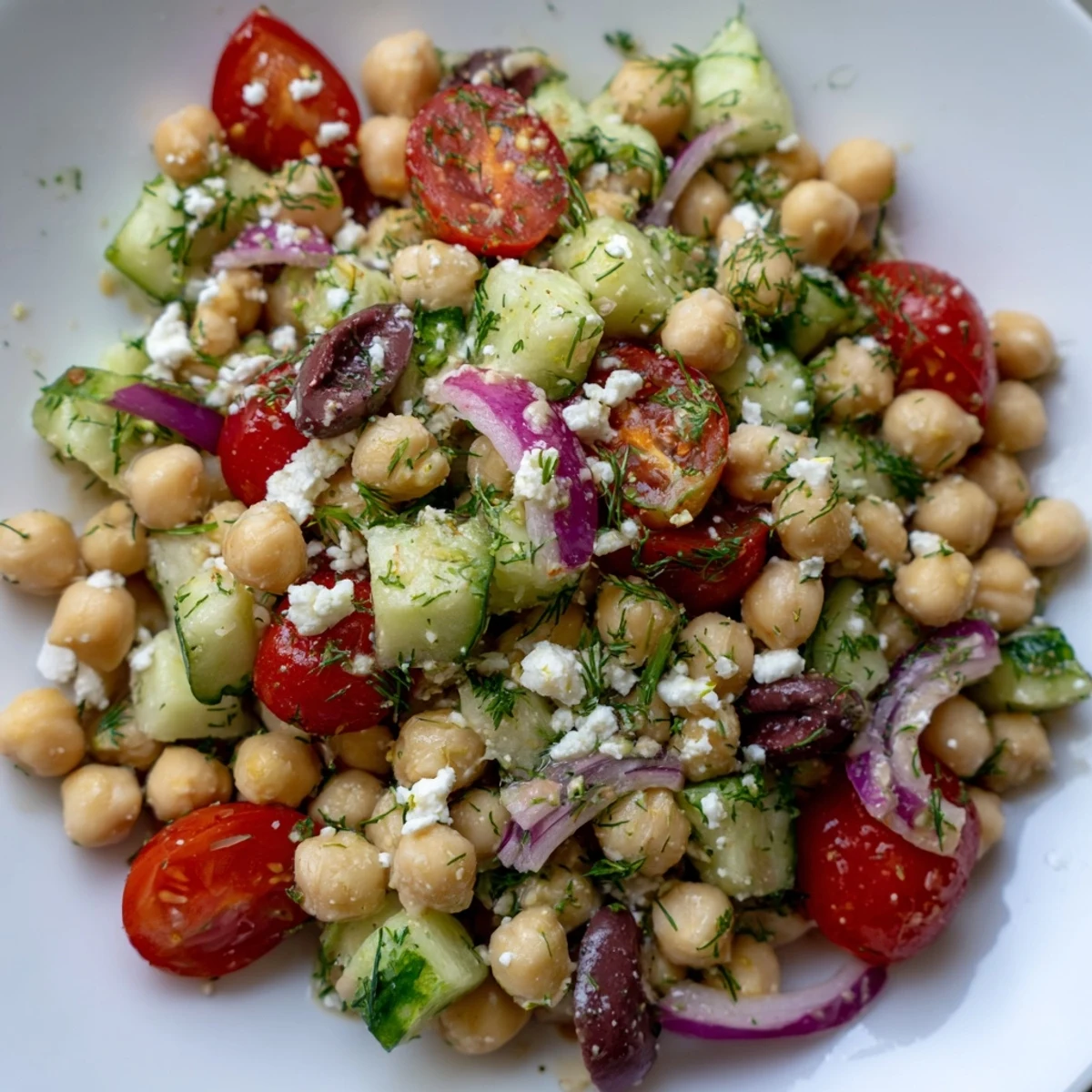 Close-up of colorful chickpeas, diced cucumber, and tomatoes coated in olive oil and fresh dill.