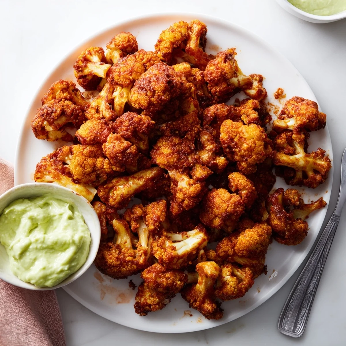 Plate of oven-baked chili crunch cauliflower paired with smooth avocado lime dipping sauce.