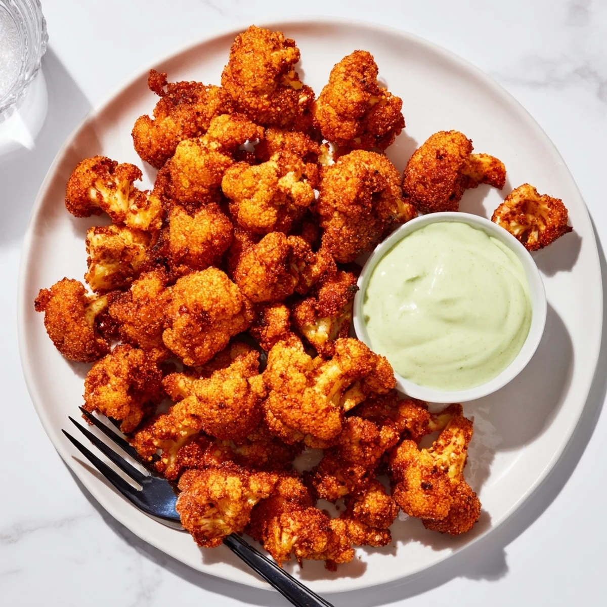 Bite-sized cauliflower florets coated in spicy chili crunch sauce with zesty avocado dip.