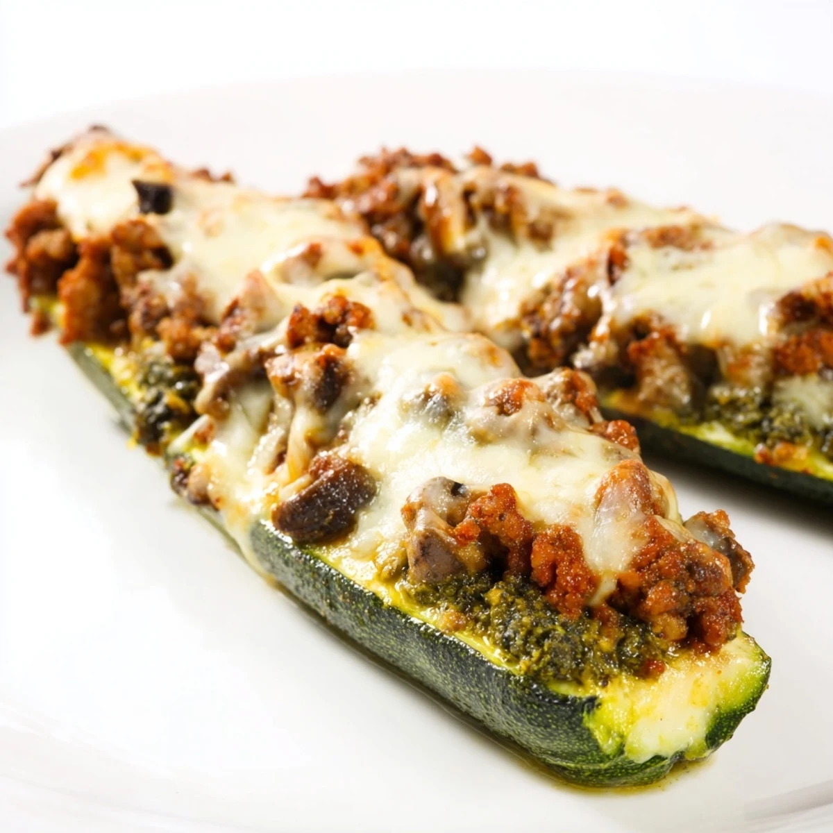 Golden baked pesto turkey and mushroom zucchini boats bubbling with melted mozzarella cheese
