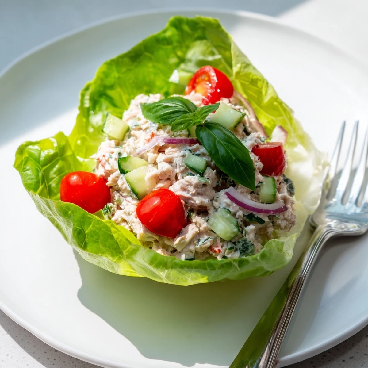 Golden shredded chicken and cottage cheese mixture nestled in crisp butter lettuce leaves for a light meal.