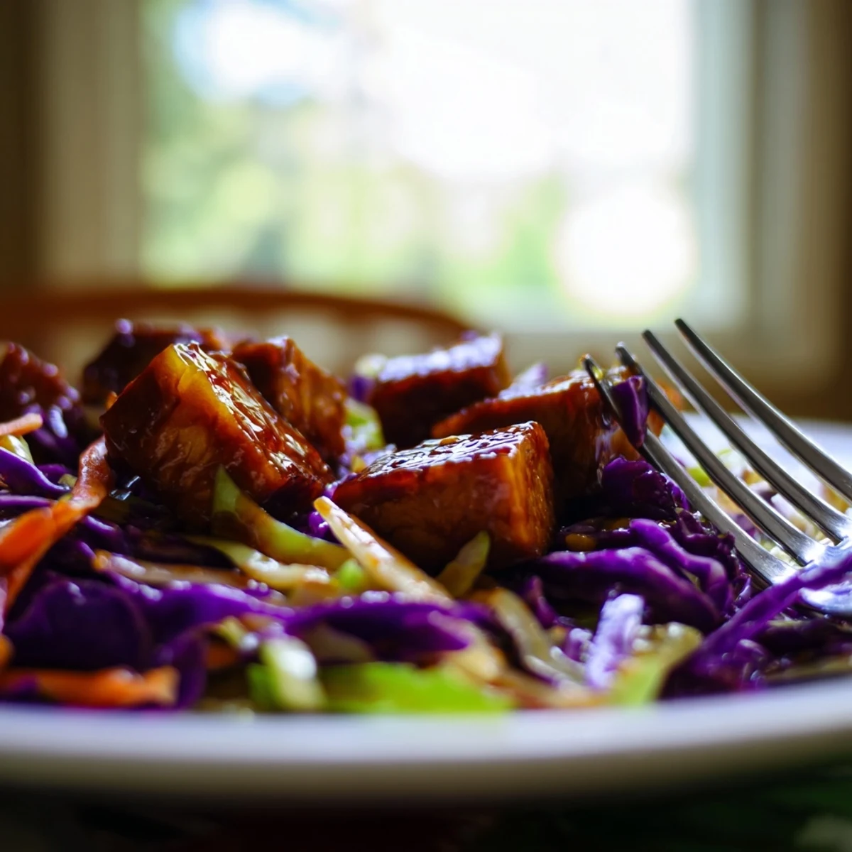 Close-up of spicy pineapple tofu with crunchy cabbage slaw and fresh lime wedges