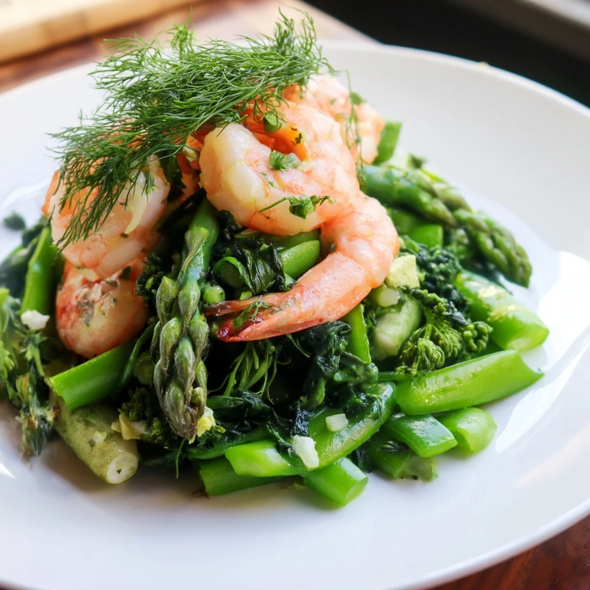 Golden garlic herb shrimp resting on a bed of colorful roasted spring greens and vegetables