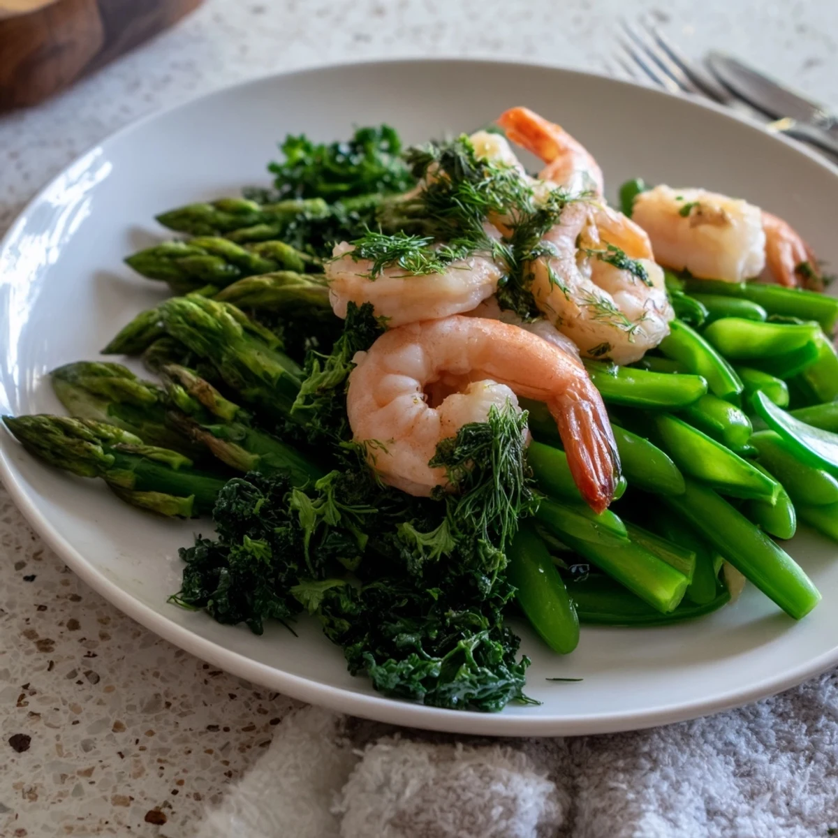 Sautéed shrimp seasoned with fresh herbs served alongside tender roasted asparagus and snap peas