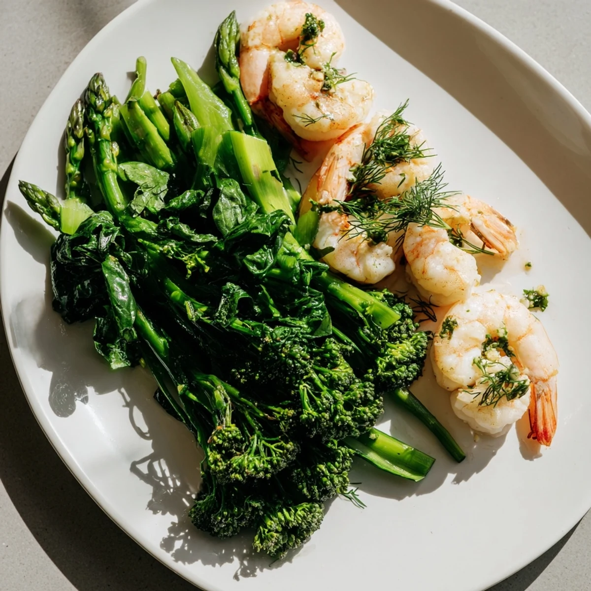 Platter of juicy lemon garlic shrimp topping a vibrant mix of roasted spring vegetables