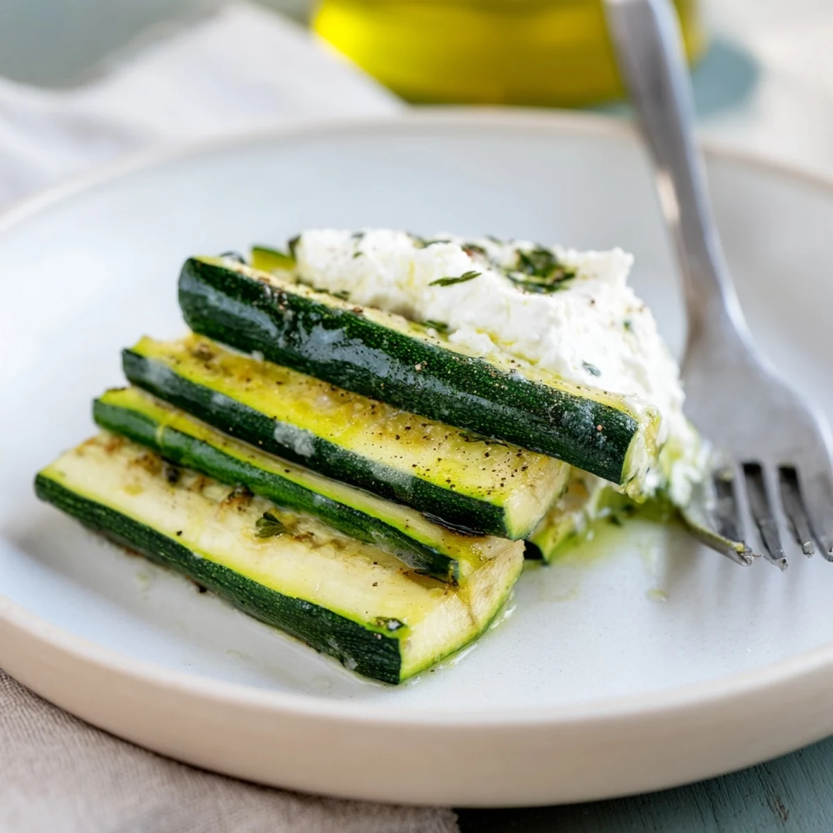 Mediterranean style roasted zucchini appetizer served with a generous dollop of lemon ricotta mixture.