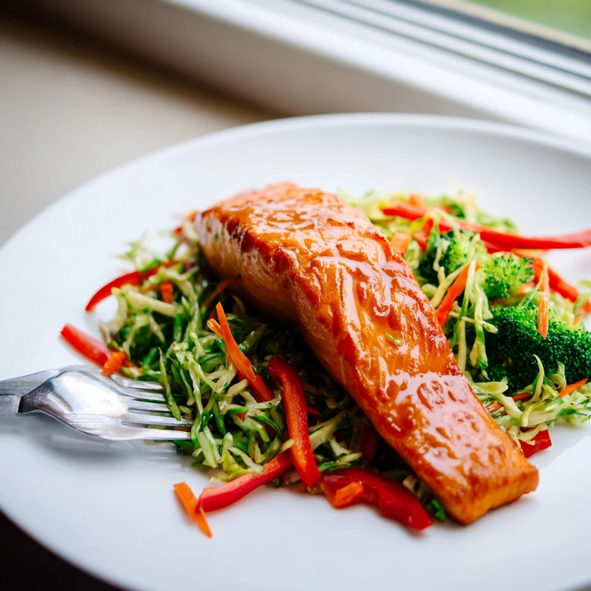 Flaky baked miso ginger salmon paired with crunchy sesame broccoli slaw