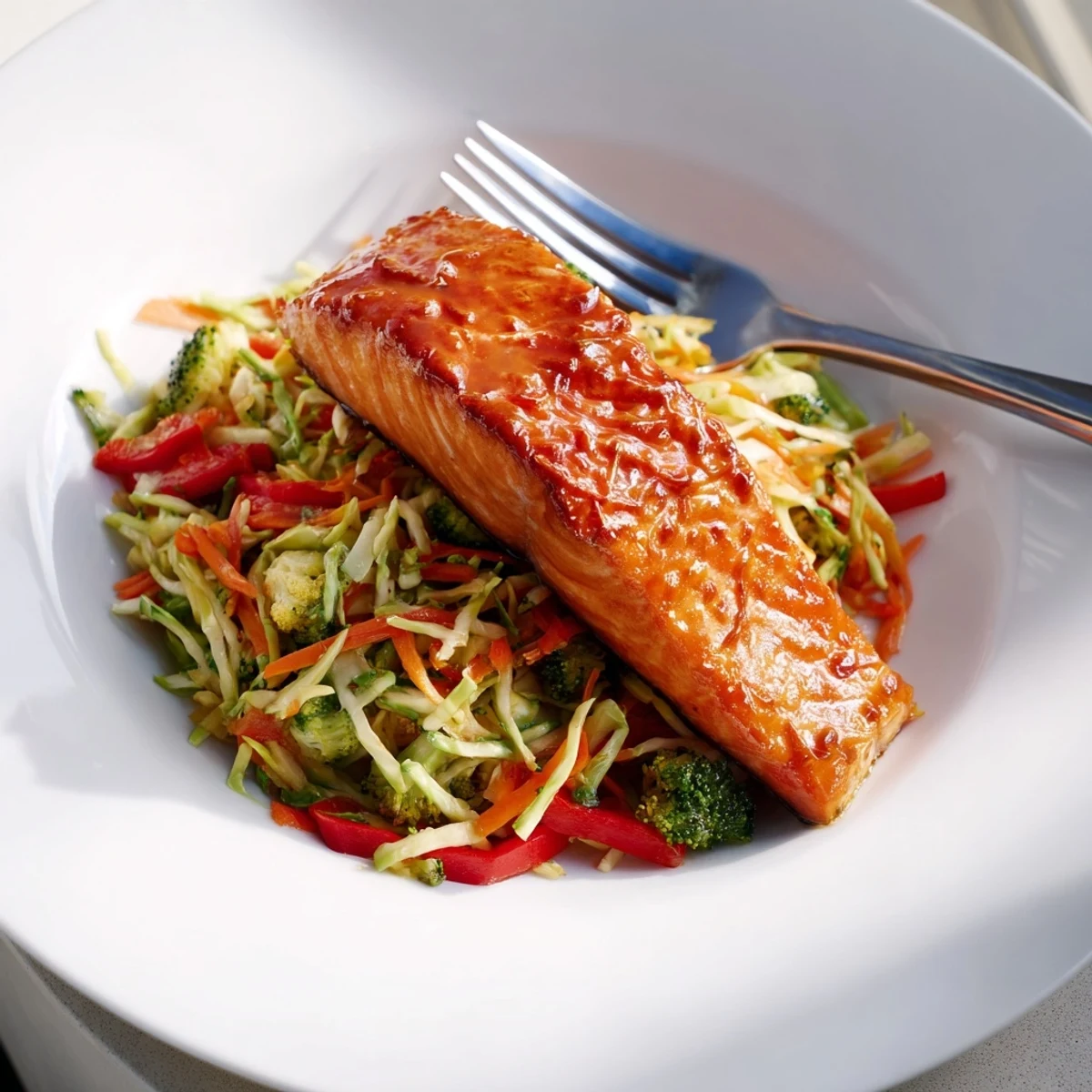 Savory miso ginger salmon plate topped with a fresh sesame broccoli slaw