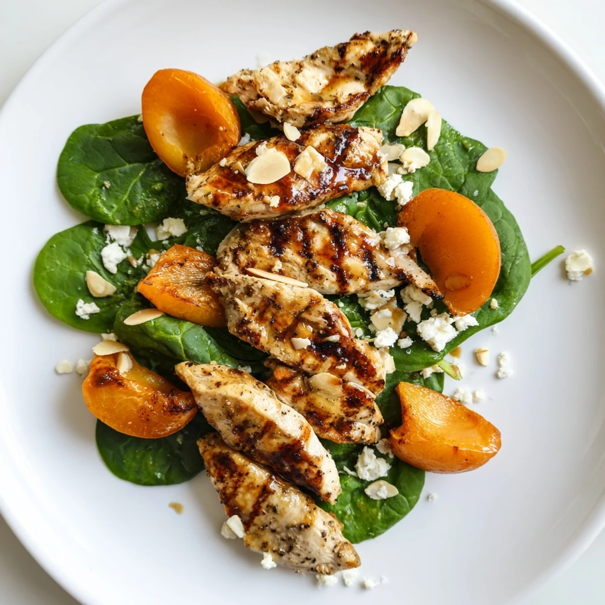 Grilled apricot and spinach chicken salad topped with feta and almonds.  