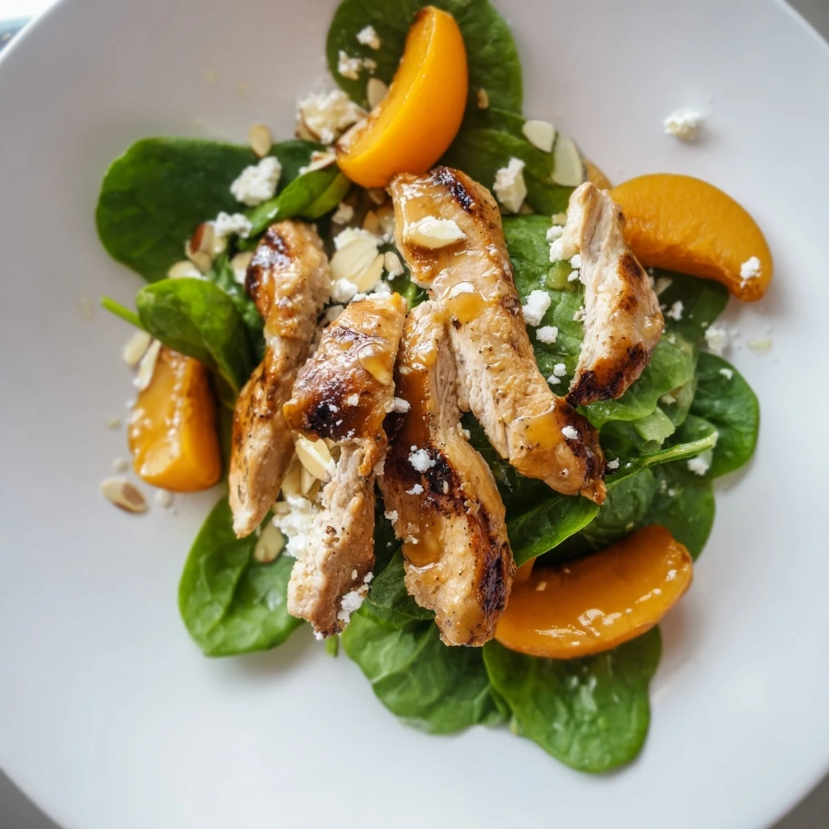 Juicy grilled chicken and sweet apricots over fresh spinach in a light salad.