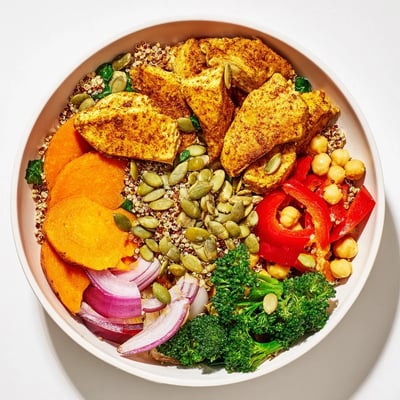 Golden-brown chicken and vegetables fill the Winter Wellness High Protein Bowl, topped with parsley.