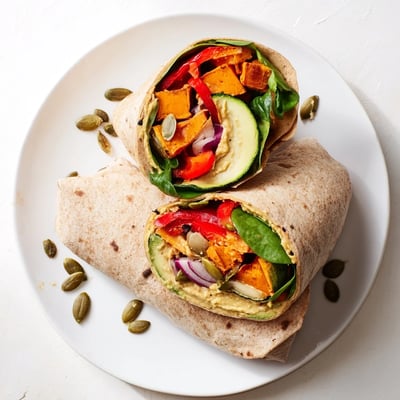 Warm Cozy Evening Vegan Wrap, filled with colorful roasted veggies and a creamy hummus spread.