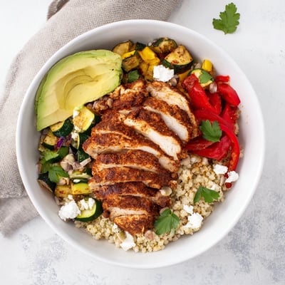 A colorful Crisp Air Low Carb Grain Bowl with avocado slices, feta, and fresh parsley for visual appeal.