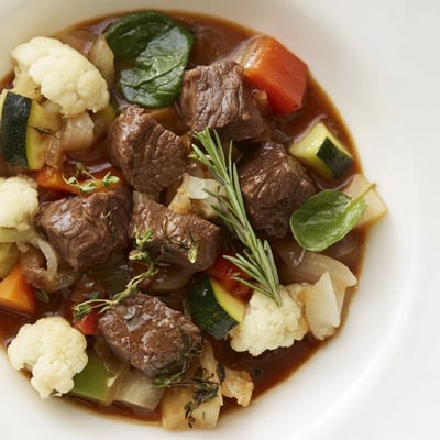 A close-up of a bubbling pot of flavorful Seasonal Glow Keto Stew, offering a savory aroma.
