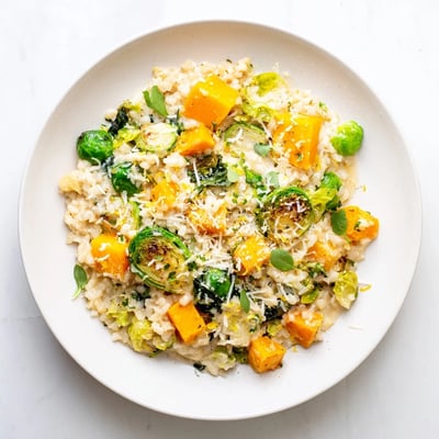 Creamy Winter Harvest Low Carb Risotto featuring vegetables, parmesan cheese, and a perfect texture.