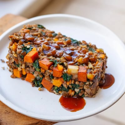 Fluffy slices of Winter Garden Vegan Roast, served alongside a rich gravy and festive herbs.