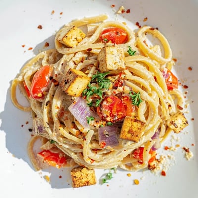 A skillet of Frosty Morning High Protein Pasta mixes sautéed tofu, vibrant bell peppers, and creamy cottage cheese sauce for a hearty meal.