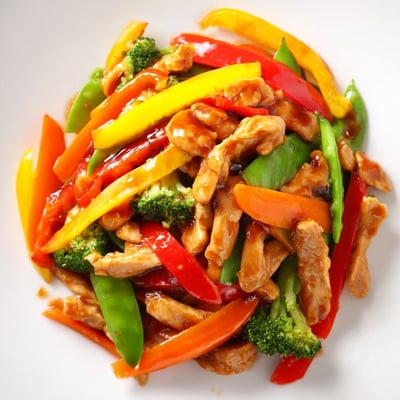 A healthy Asian-inspired dinner, this stir fry is topped with fresh green onions, ready to serve over fluffy white rice.