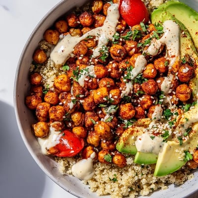 Hearty bowl featuring warm golden cauliflower quinoa, crunchy roasted chickpeas, diced cucumber, cherry tomatoes, and red onion, finished with parsley and a generous pour of zesty lemon tahini sauce.  